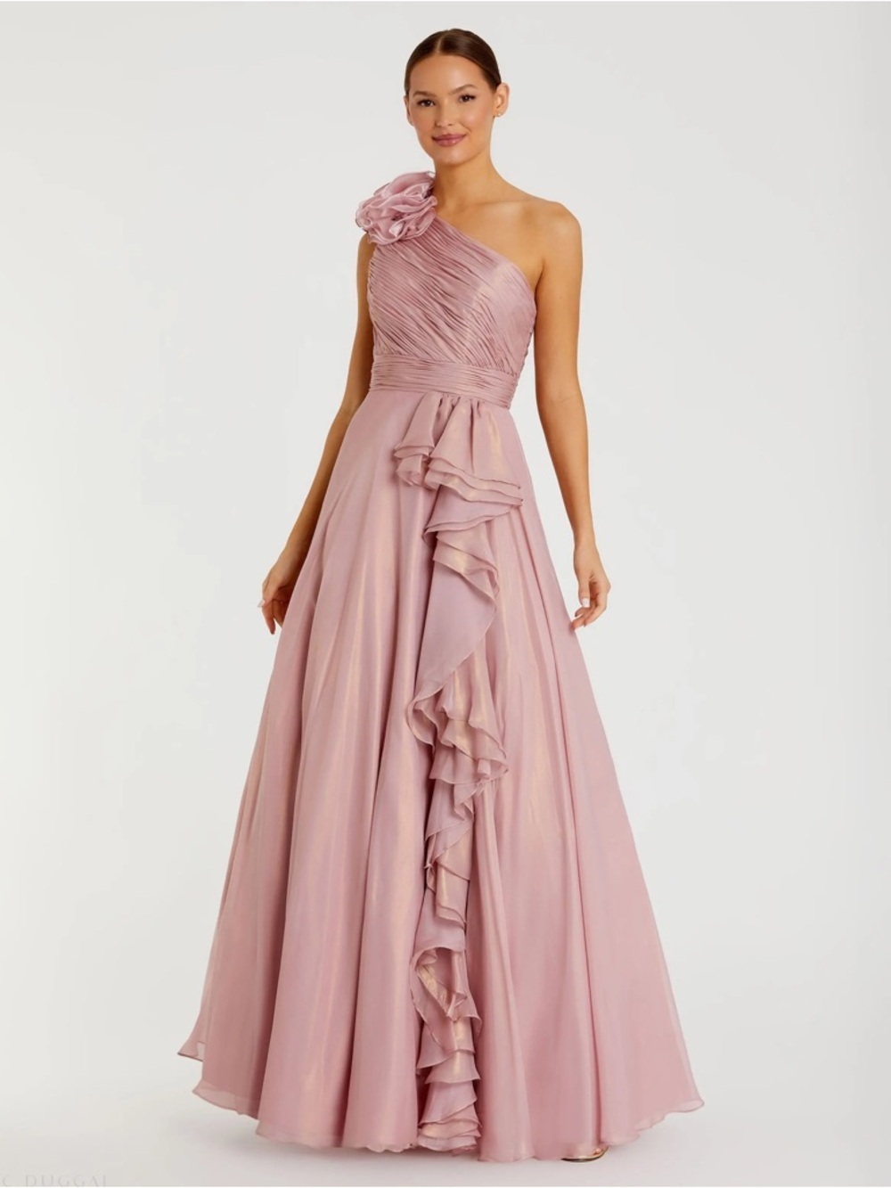 Mac Duggal 49252 Pink Iridescent One Shoulder Rosette Ball Gown Size 16 NWT